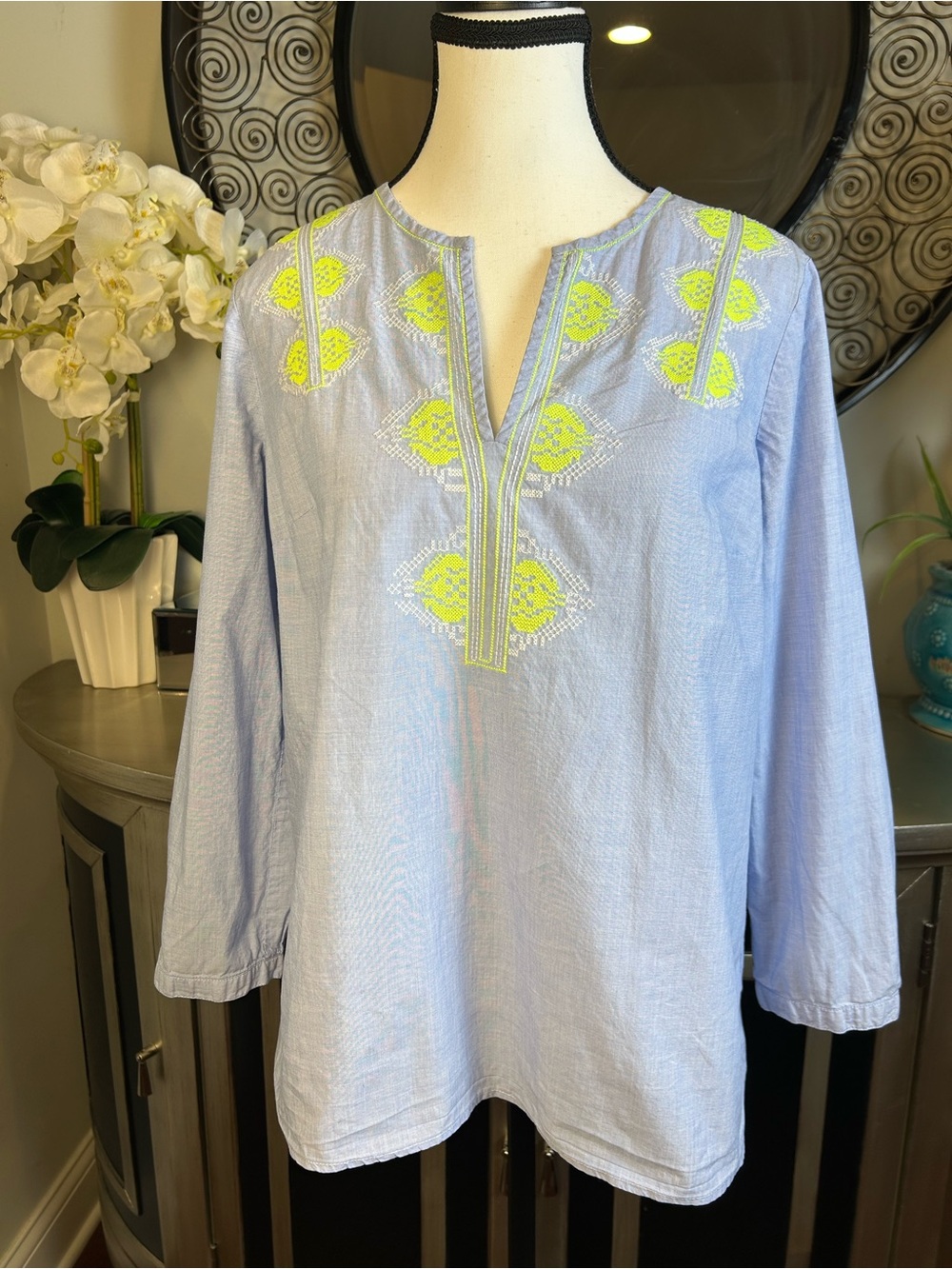 J. Crew Light Blue Tunic with Neon Yellow Embroidery